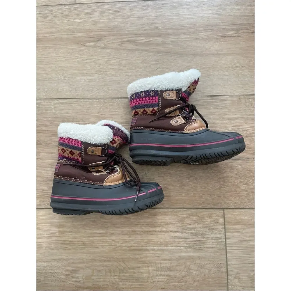 London Fog Girls Brown Pink Black Faux Fur Snow Boots Toddler Girl 12 #0184